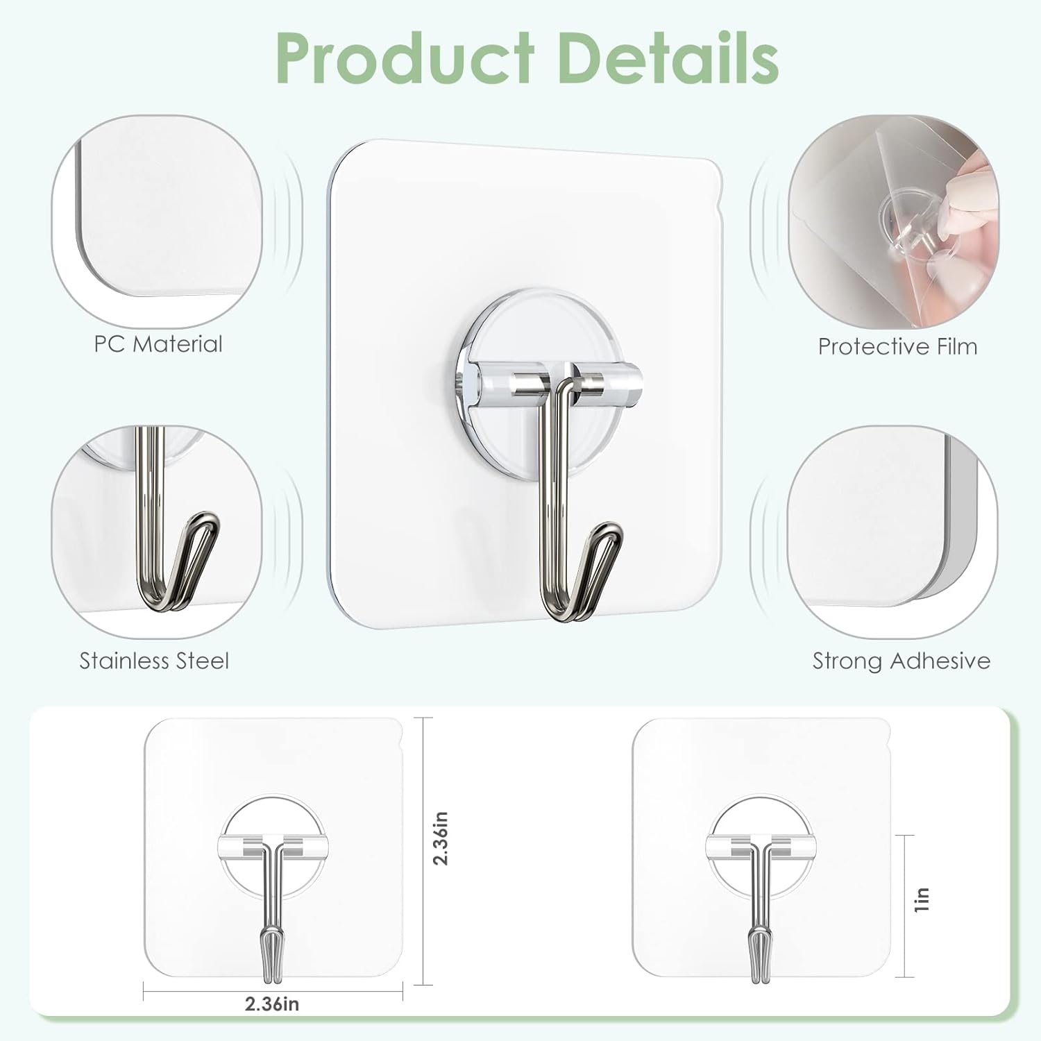 Skiennix Wall Hooks - Clear Removable Stainless Steel Adhesive Hooks | 10 Pack, 13 lb Capacity for Shower & Kitchen