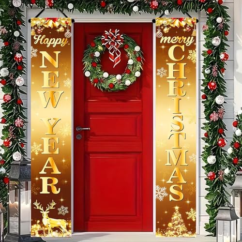 Merry Christmas & Happy New Year Porch Banner Set 12x71 Inch Gold Snowflakes Reindeer Holiday Home Decor