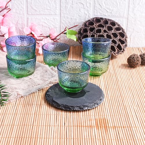 Whitenesser Set of 6 Blue Green Hammered Glass Sake Cups 2.2" Small Drinkware