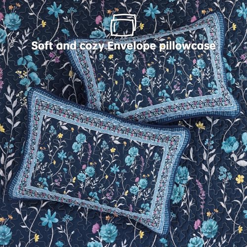 Floral Quilt Set King Size - 3-Piece Navy Blue Botanical Bedspread