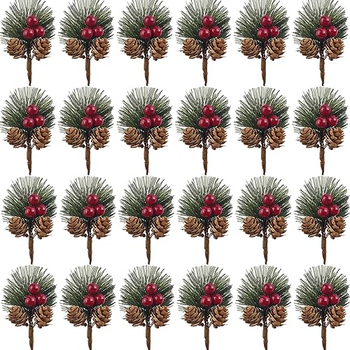 25PCS Artificial Pine Picks with Red Berries & Pinecones – Fake Pine Branches for Christmas Crafts