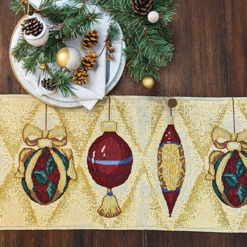 DaDa Bedding 13" x 72" Table Runner - Festive Red Gold Beige Tassels Cotton Linen