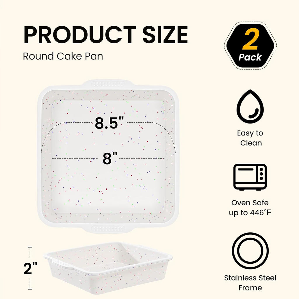 SJ Silicone Square Cake Pan Set - 8 x 8 Inch Nonstick Molds with Metal Reinforced Frame - BPA Free for Cakes, Brownies, and More