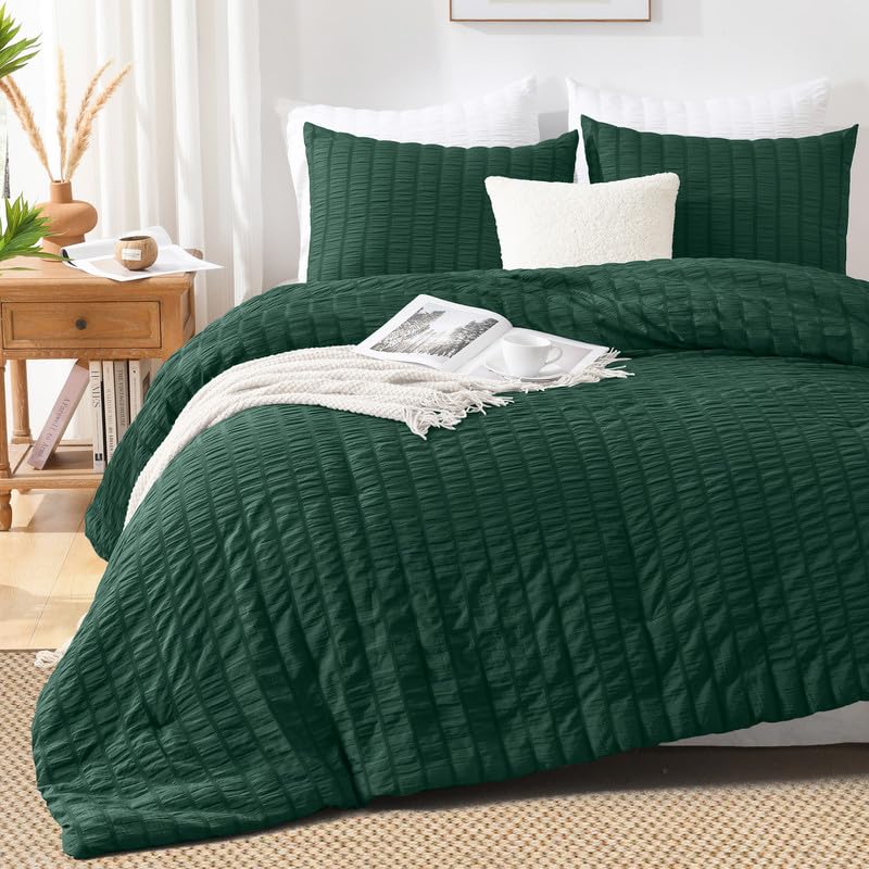 Dark Green Seersucker California King Comforter Set - 3 Pieces