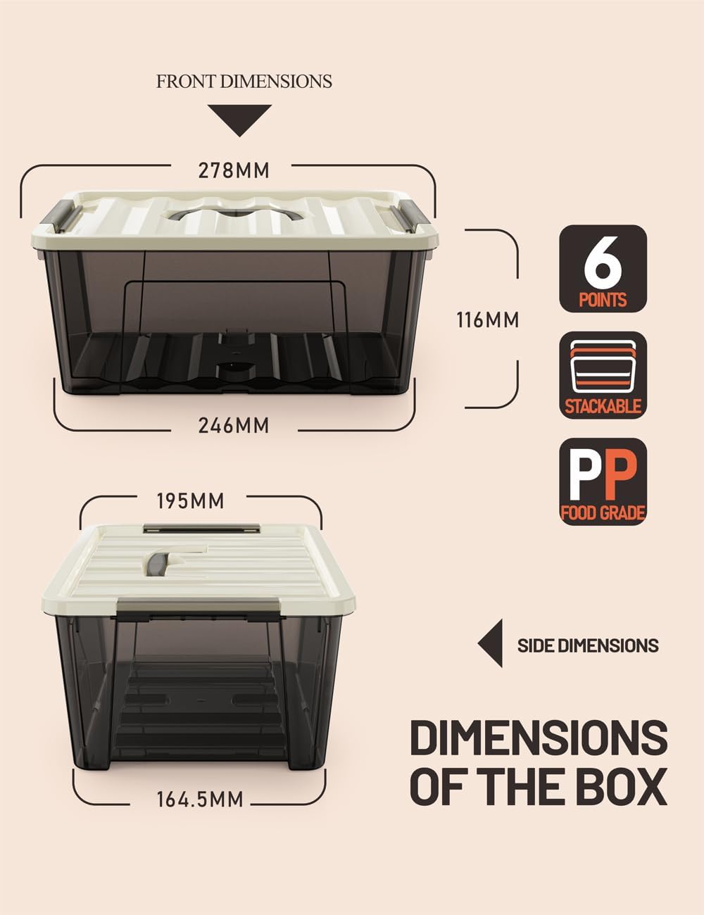 WYT 5-Quart Clear Plastic Storage Container Bin - Durable Stackable Design with Khaki Lid | 6-Pack