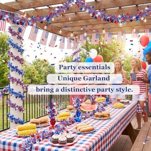 Red White Blue Star Tinsel Garland - 32.8ft Patriotic 4th of July Decor (2 Pack)
