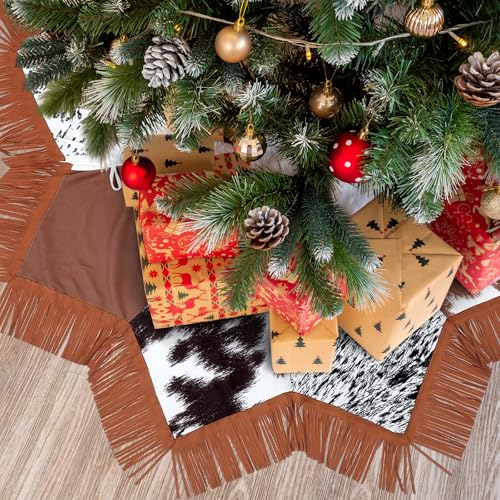 Stylish Shappy Western Cow Christmas Tree Skirt 48 Inch Holiday Decor with Tassels