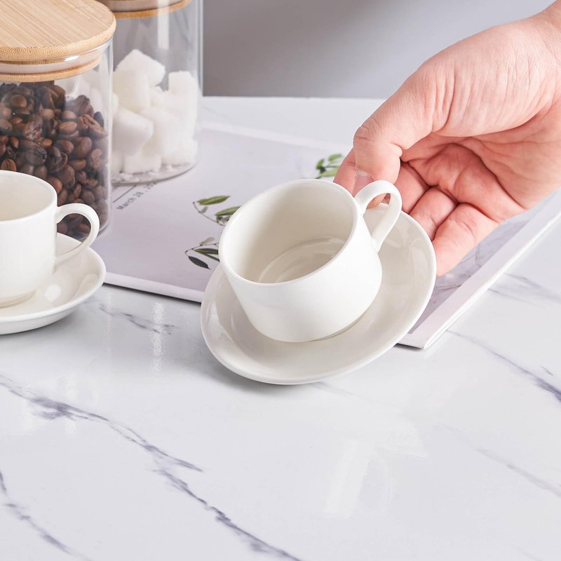 YOLIFE 2.5oz Espresso Cups Set of 4, Porcelain Stackable Espresso Cups with Saucers and Metal Stand, Expresso Shots Cup -White