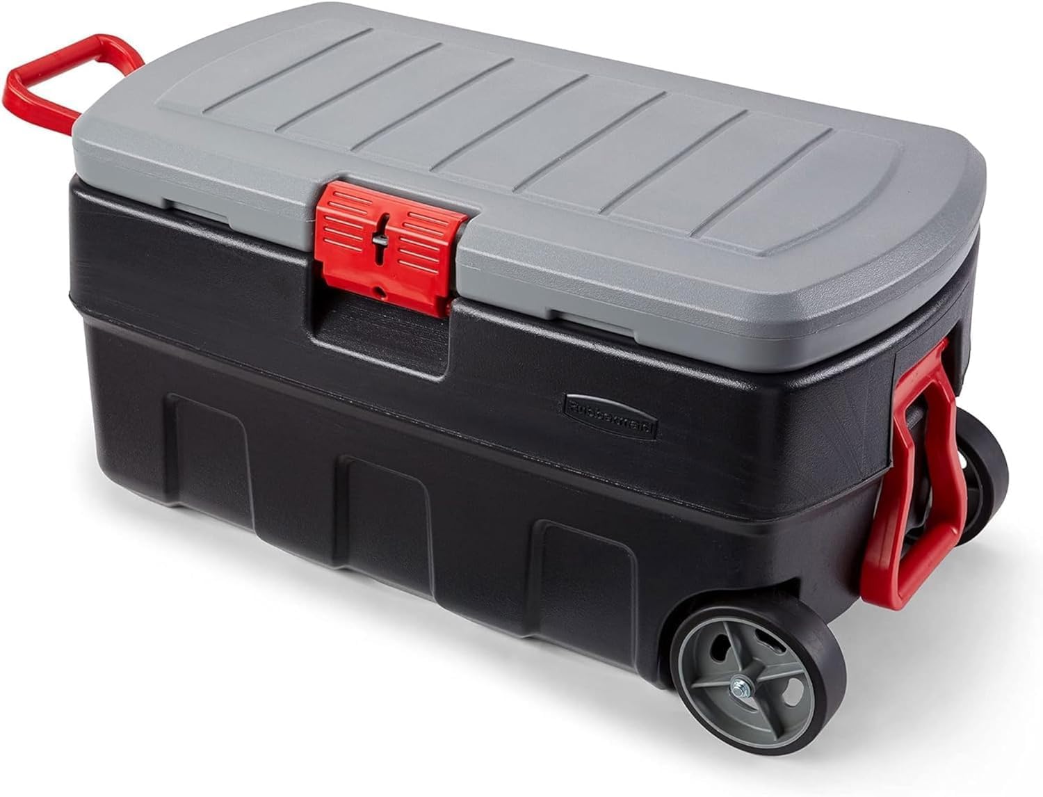 Rubbermaid ActionPacker 35 Gallon Storage Bin - Lockable, Durable Plastic with Wheels | Gray & Black