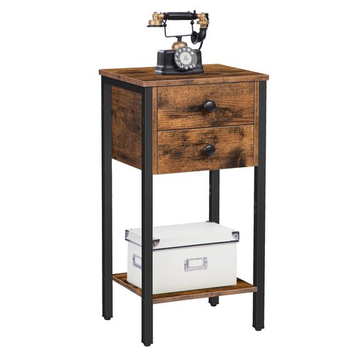HOOBRO Tall Nightstand, End Table with 2 Drawers and Storage Shelf, Industrial Telephone Side Table for Study, Bedroom, Space Saving, Easy Assembly, Rustic Brown and Black BF72BZ01