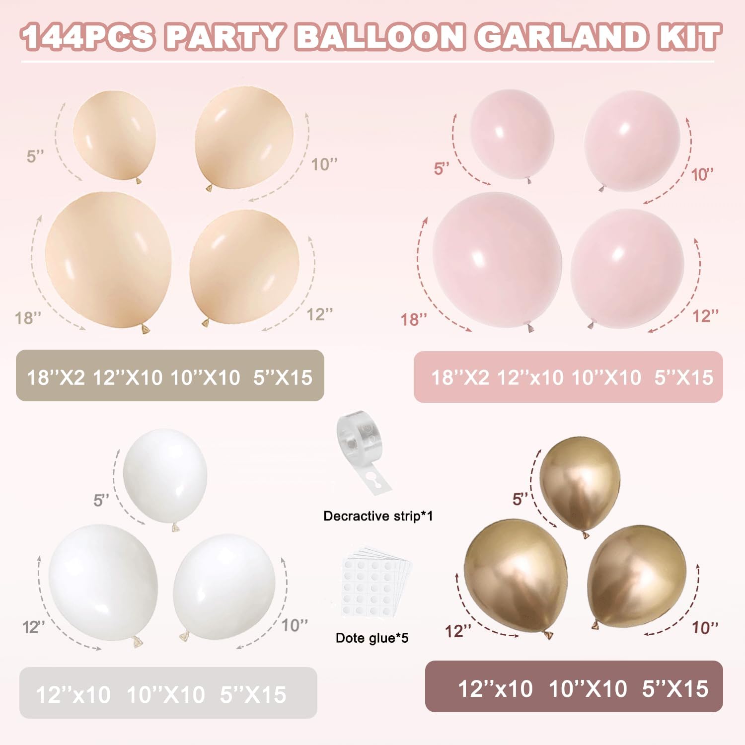 Skiennix Balloon Arch Kit - Dusty Pink & Gold Balloons for Weddings, Engagements & Parties | 10ft Decor