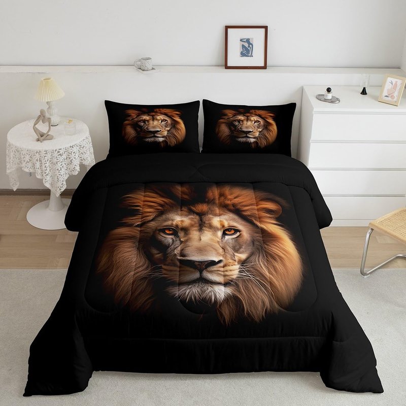 Homewish Lion Kids Comforter Set Twin Size,Wild Animals Wildlife Fur Bedding Set,Girls Boys Women Room Decor,Jungle Animals Hunting Down Comforter,Brown Black Retro Duvet Insert,1 Pillowcase