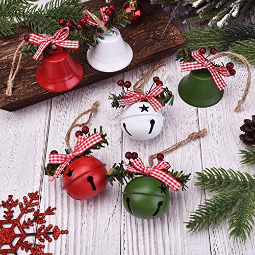 6 Pcs Christmas Bell Ornaments with Holly Berry Bows for Tree Decor