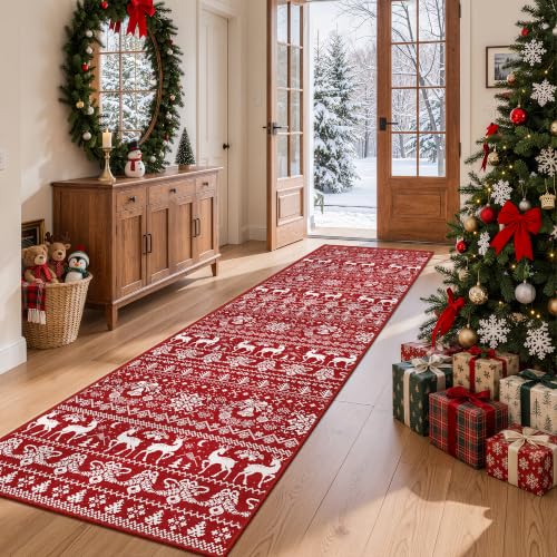 Miukiki 2x8 Christmas Runner Rug Red Non-Slip Washable Kitchen Hallway Decor