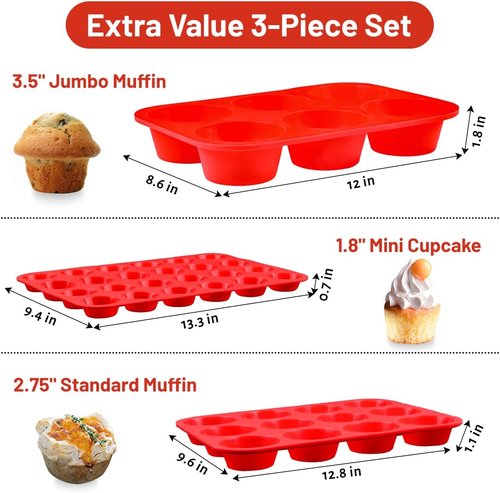 CAKETIME Silicone Muffin Pan Set - 3-Piece Bakeware with Mini 24 Cups, Regular 12 Cups & Jumbo 6 Cups