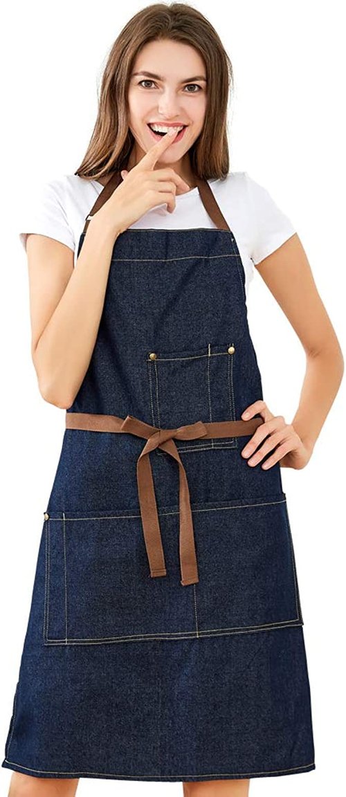 YukaBa Blue Adjustable Denim Jean Kitchen apron with 5 Pockets for Women Men Optimized upgrade(Denim) (Set of 4)