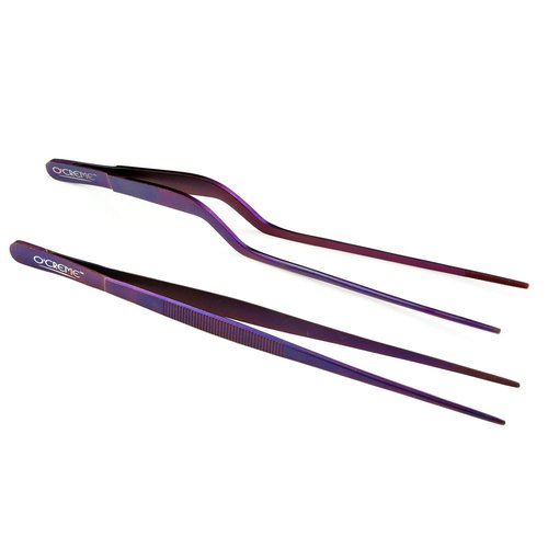 O'Creme Culinary Stainless Steel Tweezer Tongs Set of 2 - One 10 Inch Straight and One 8 Inch Offset Purple Color
