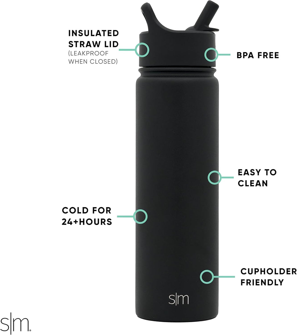 Simple Modern Water Bottle - Vacuum Insulated Stainless Steel Flask | 22oz, Midnight Black | Reusable & Leak-Proof