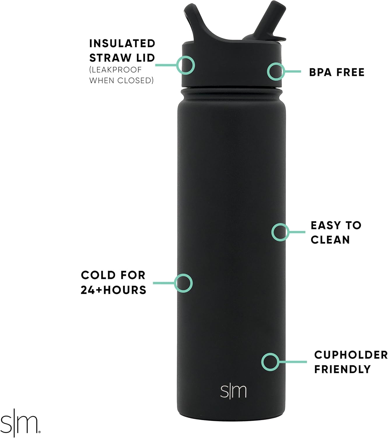 Simple Modern Water Bottle - Vacuum Insulated Stainless Steel Flask | 22oz, Midnight Black | Reusable & Leak-Proof