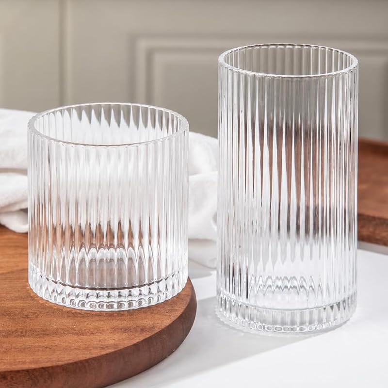 Lumkit 8PCS Clear Ribbed Drinking Glasses Set – 10oz & 12oz Tumblers for Wedding & Party