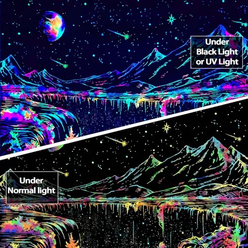 Blacklight Mountain Tapestry Glow in the Dark Moon Stars Wall Hanging (48" x 36")