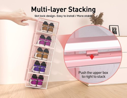 Kuject X-Large Clear Plastic Shoe Storage Boxes - Stackable 12 Pack for Sneakers & Toys | Pink