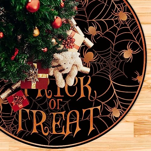 48-Inch Halloween Tree Skirt - Orange & Black Spider Web Lace-Up Decor