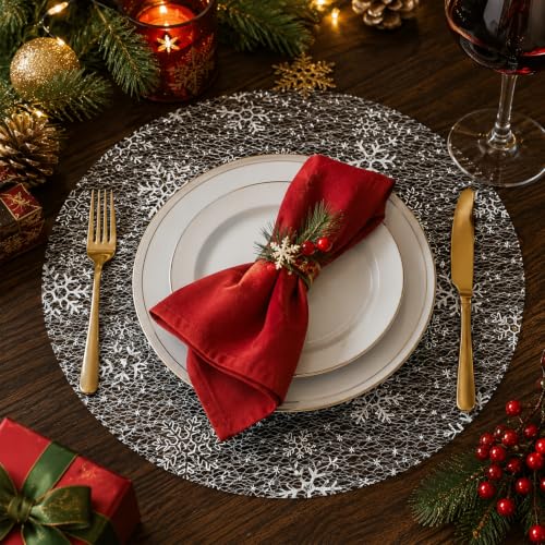 Silver Winter Snowflake Placemats 25-Pack, Disposable Mesh Round Mats