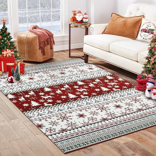 GarveeHome Red 6' x 9' Christmas Vintage Boho Medallion Area Rug, Non-Slip Low-Pile Indoor Carpet