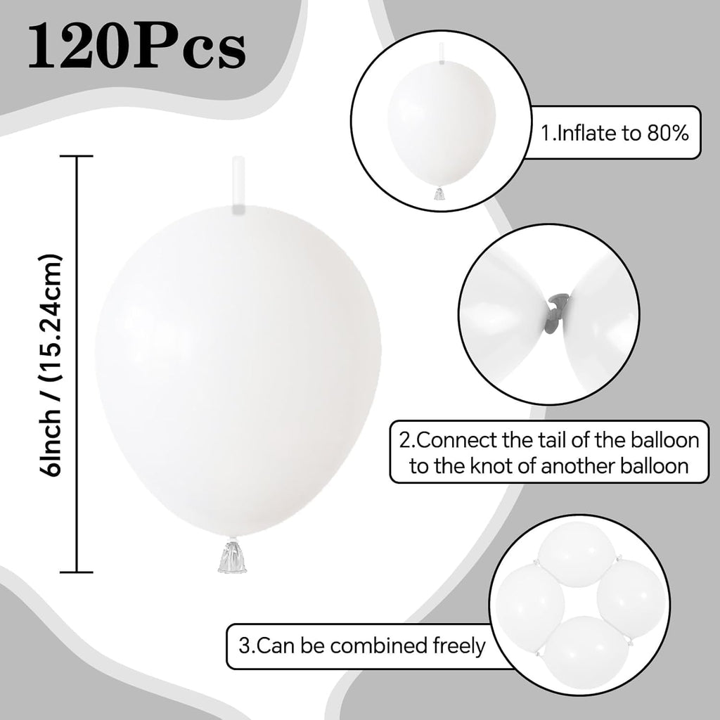 Skiennix White Linking Balloons - 120 Pcs 6-Inch Latex for Birthday & Wedding Decorations