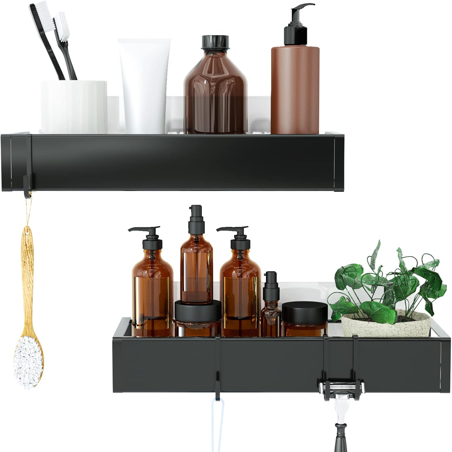 Skiennix Shower Caddy - Adhesive Organizer with Hooks | No-Drill Shower Rack Holder - 2 Pack Black