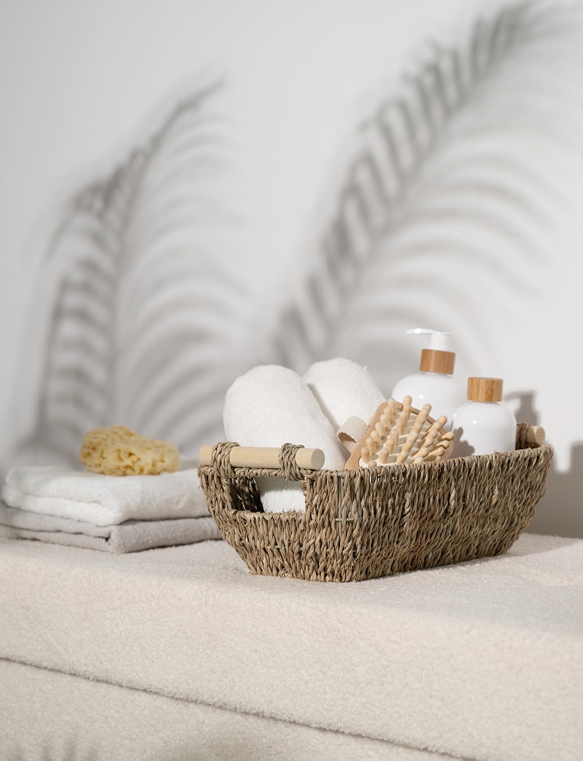 StorageWorks Seagrass Woven Baskets - Small Shelf Storage with Wooden Handles | 2-Pack