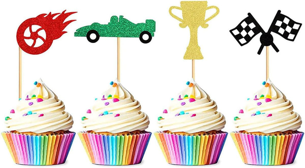 Regine Switzerland Race Car Cupcake Toppers - 24Pcs Glitter Trophy Flags & Wheels for Sports Theme Parties