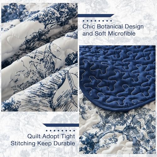 Botanical Floral Queen Quilt Set - 3-Piece Reversible Navy Blue Bedspread