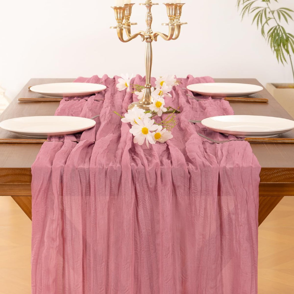 Socomi Cheesecloth Table Runner - 3pcs Mauve Boho Rustic Design | 120 Inch for Weddings & Events