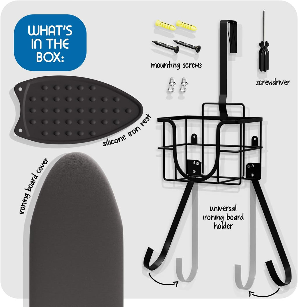 T&V Shaped Ironing Board Holder - Wall Mount & Over The Door Hanger | Heat Reflective Cover & Pad Set