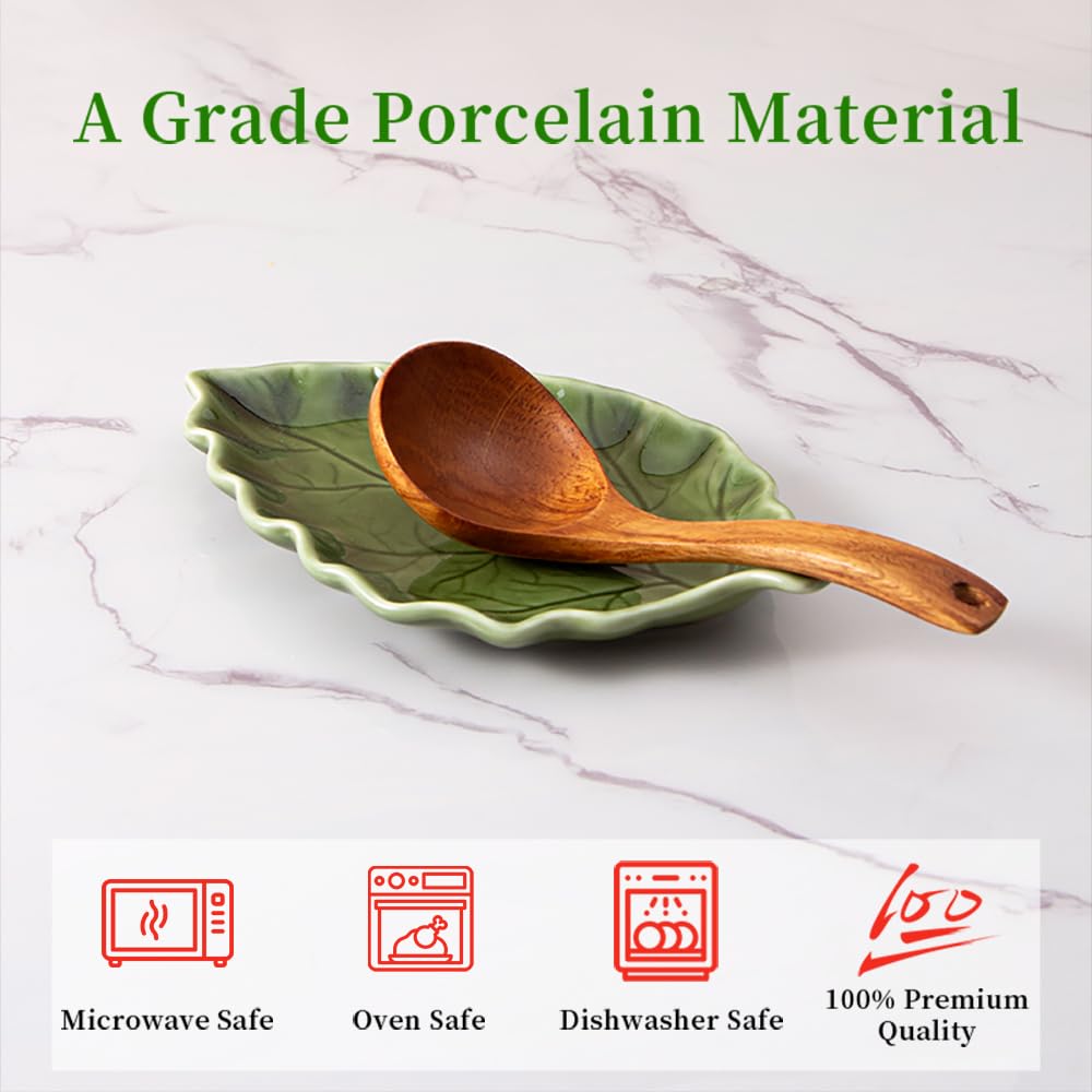 YumiPLUS Ceramic Leaf Shape Spoon Rest for cooking, Cute Green Cooking Spoon Holder for Stove Top,Large Porcelain Spatula Rest for Kitchen Counter, Farmhouse Kitchen Decor (green)