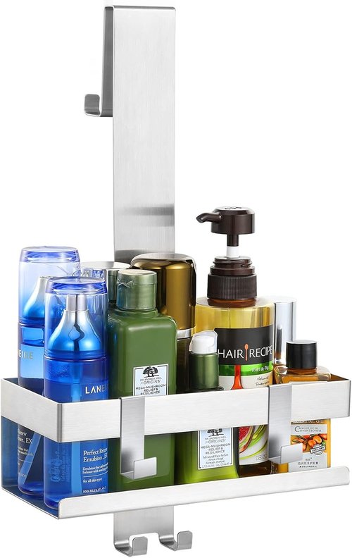Emibele Over The Door Shower Caddy - Rustproof 304 Stainless Steel Hanging Organizer | Fits Glass Doors Up to 1.5cm, Silver, 23x10x10cm
