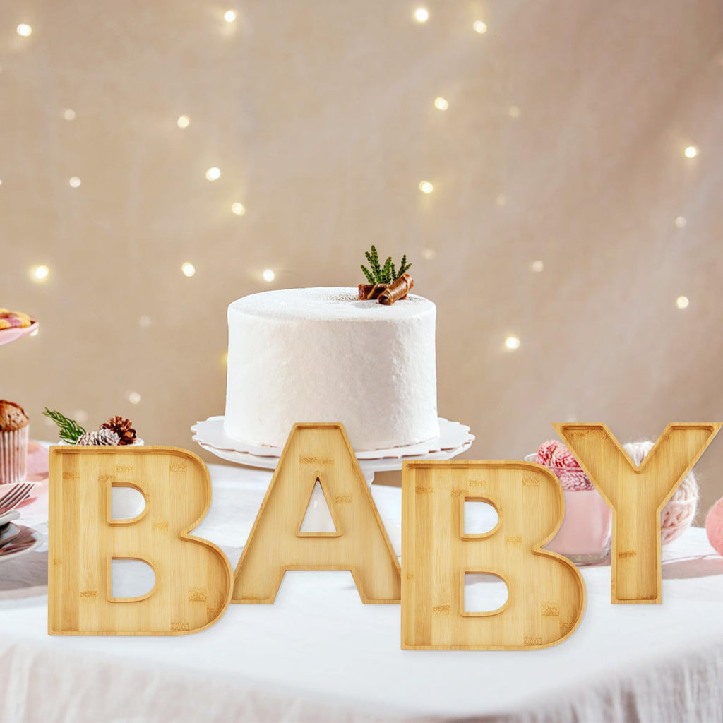 4pcs Baby Wooden Letter Charcuterie Board Box, Fillable Food Trays Candy Cupcake Container Fruit Platter for Birthday Baby Shower Party Graduation Gift Anniversary Banquet New Year