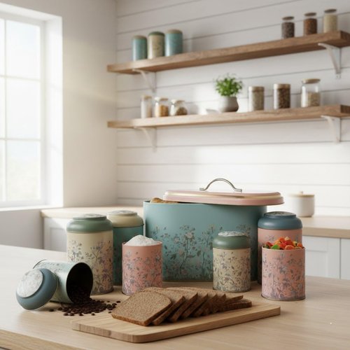 Maria Roma 7-Piece Kitchen Bread Box & Canister Set - Vintage Rustic Design for Bread, Sugar, Coffee, Tea