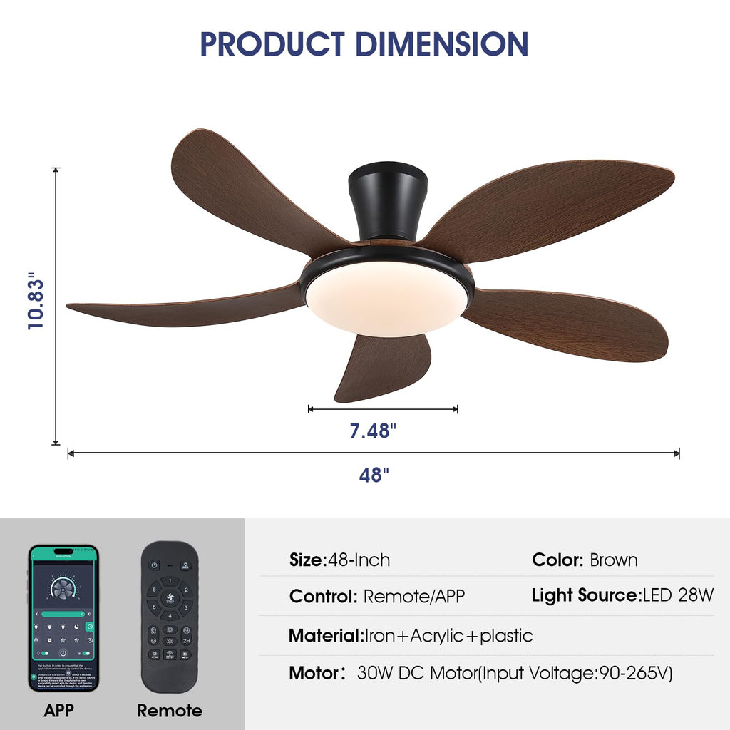 PHORUS Low Profile Ceiling Fans with Lights and Remote/APP,48 Inch Modern LED Ceiling Fans with Quiet Reversible DC Motor, Dimmable 3 Colors 6 Speeds