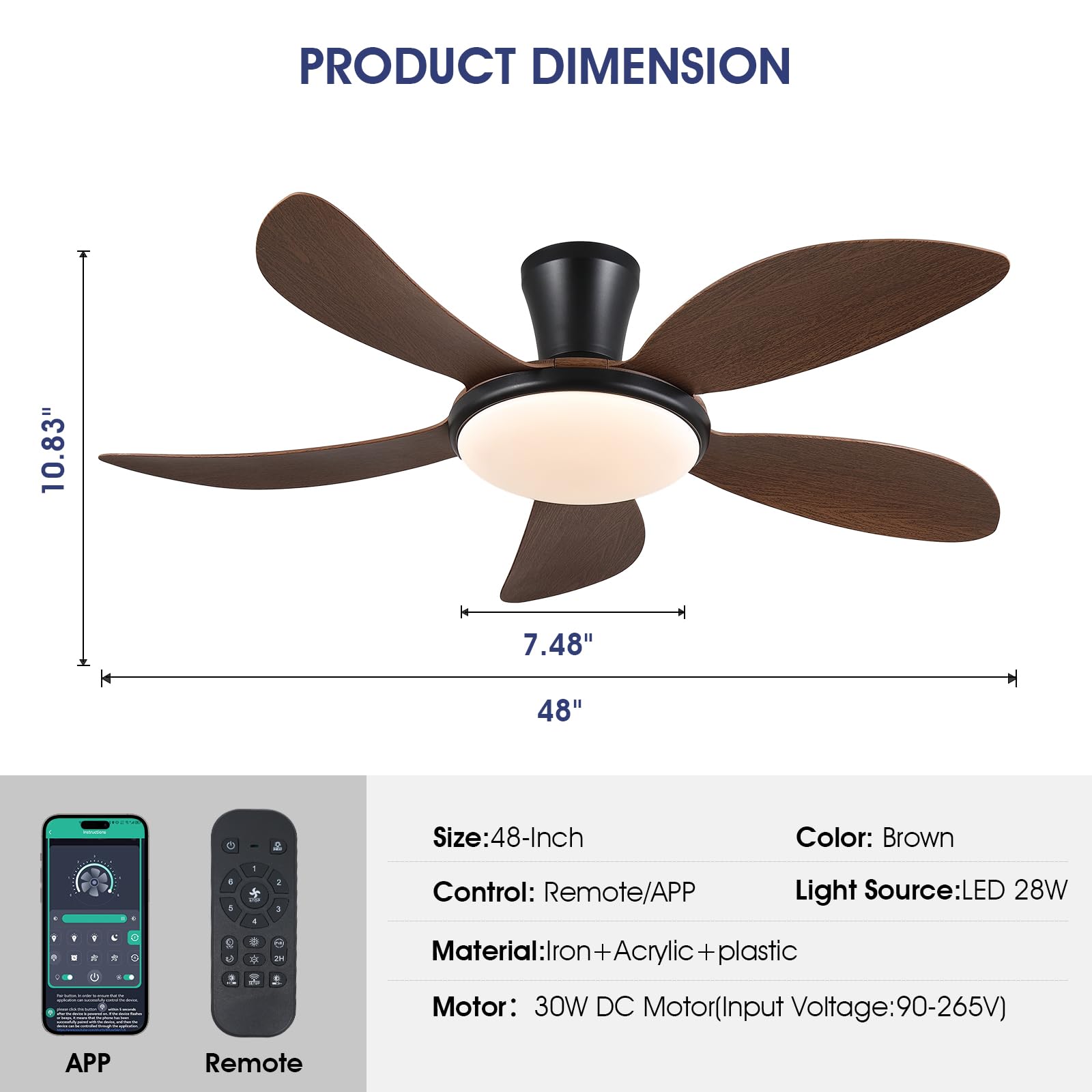 PHORUS Low Profile Ceiling Fans with Lights and Remote/APP,48 Inch Modern LED Ceiling Fans with Quiet Reversible DC Motor, Dimmable 3 Colors 6 Speeds
