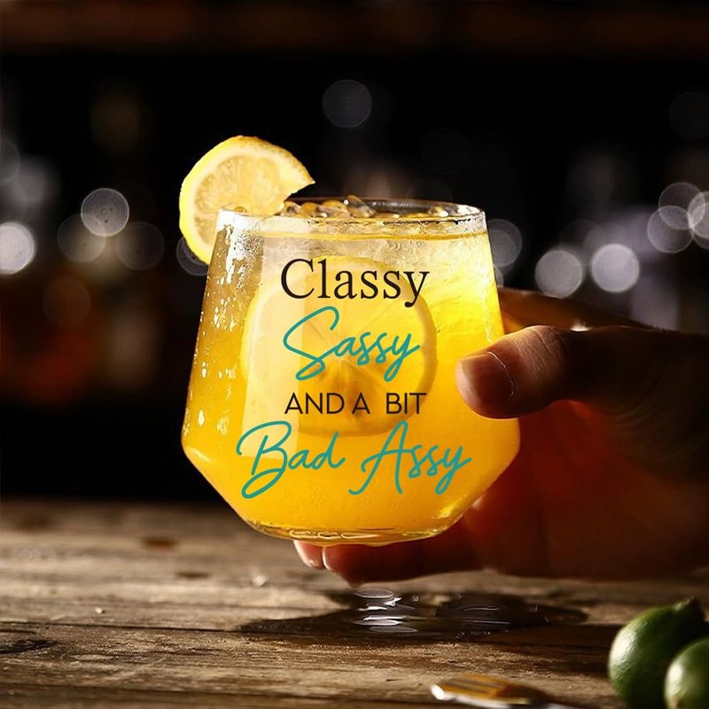 QIMIUTB Classy Sassy and a Bit Bad Assy Stemless Wine Glass, Funny Long Distance Friendship Birthday Christmas Wine Glass Gifts for Man Best Friend Son Coworkers Boss Dad Husband Grandpa-49
