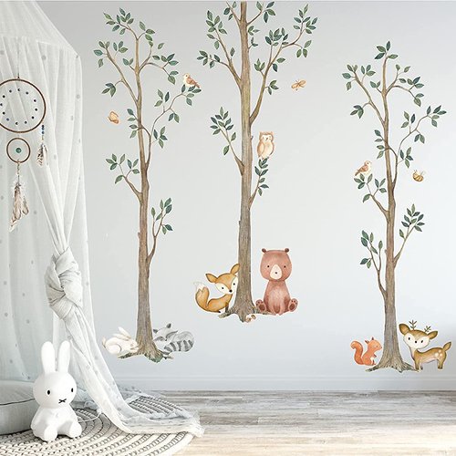 InnovativeStencils Woodland Watercolor Wall Tree Decals Fabric Animal Birch Creatures - Bear, Fox, Raccoon, Rabbit, Squirrel, Owl Nursery Décor Stickers #3115 (60 inch Tall)