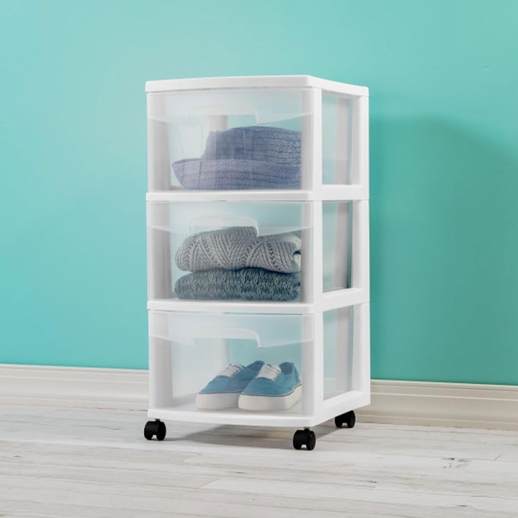 Sterilite 3-Drawer Rolling Storage Organizer - Versatile Plastic Bin Cart for Closet Organization | White