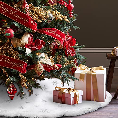 24-Inch White Faux Fur Christmas Tree Skirt with Silver Sequin Snowflakes
