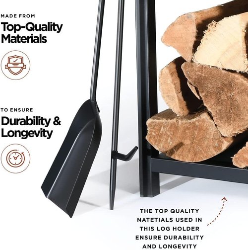 HOME IT Firewood Rack - 2-Tier Indoor/Outdoor Holder with Tools Set | Waterproof Steel Pipe, Black, 17x12x29