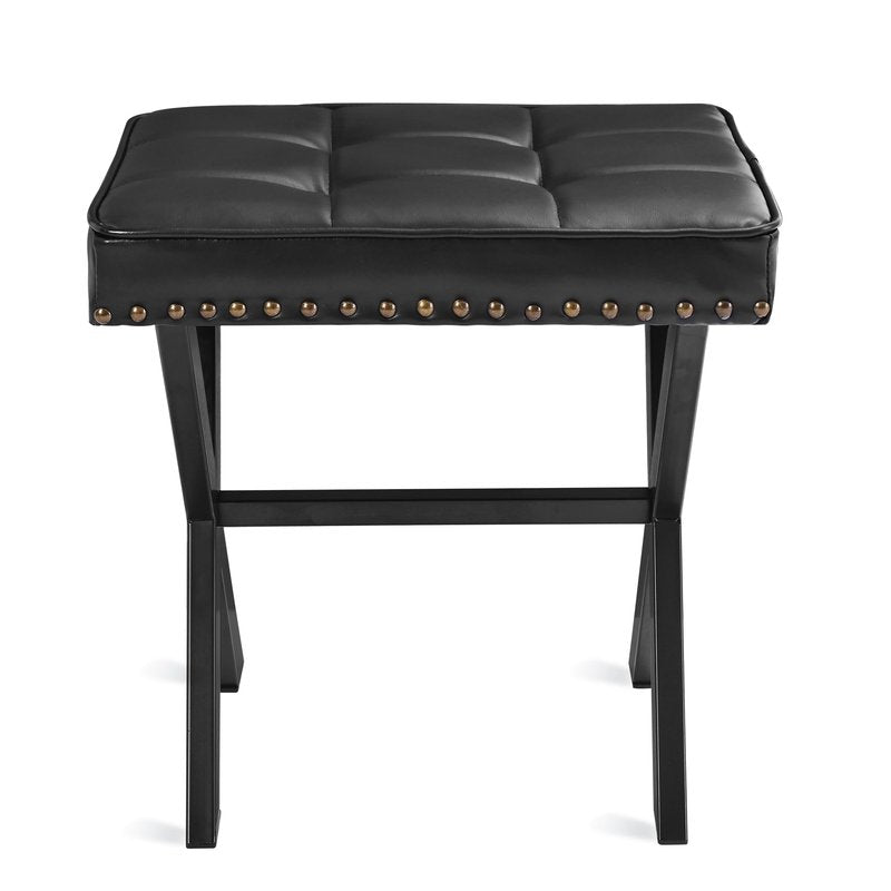 LUE BONA Vanity Stool - Square Faux Leather Makeup Seat With Metal X Legs, Small Ottoman Chair for Makeup Room, Living Room - Modern Padded Foot Rest, Black