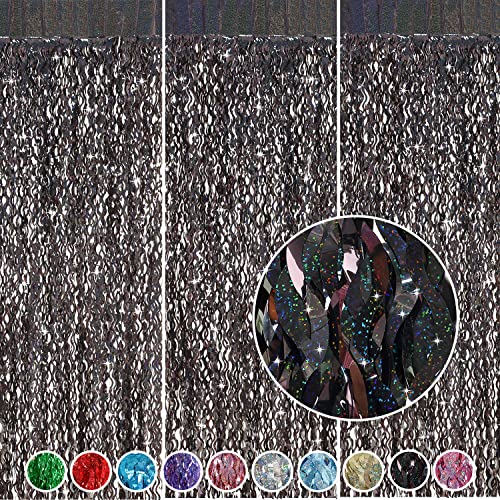 CYLMFC Laser Black 3 Pack 3.3ft x 6.6ft Foil Curtain Backdrop - Sparkly Fringe Photo Booth Props