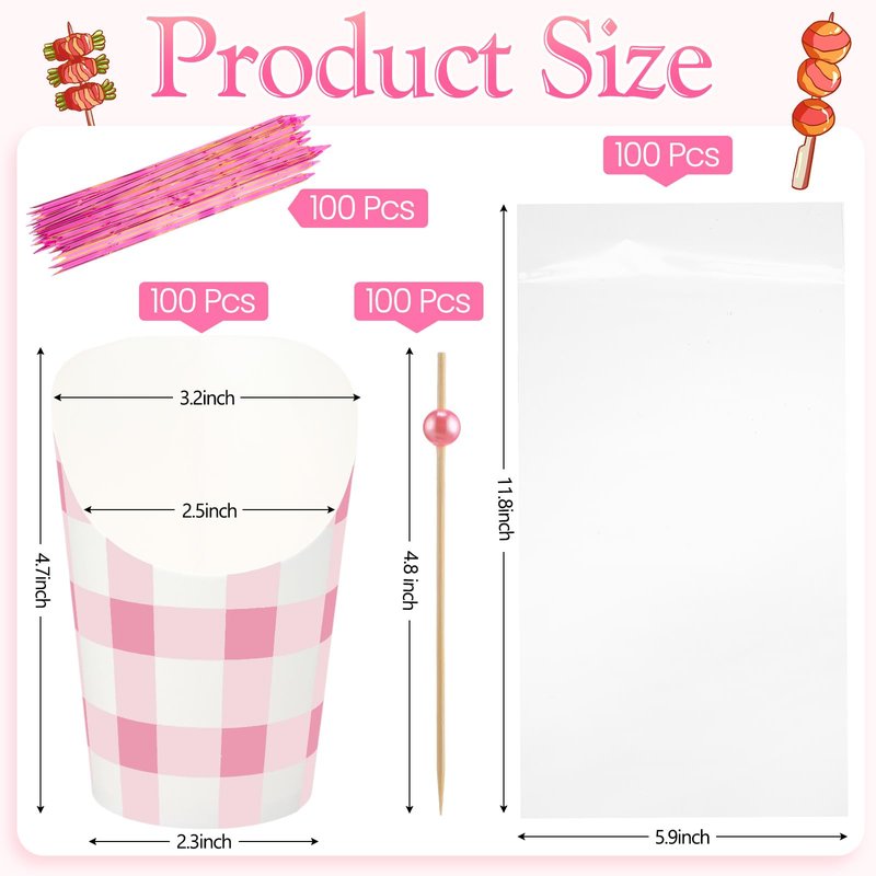 Bokon 100 Set Valentine's Day 14 oz Charcuterie Cup with Stick and Bag, Disposable Pink French Fries Snack Popcorn Dessert Fruit Holder for Birthday Wedding Valentine's Day Party Supplies